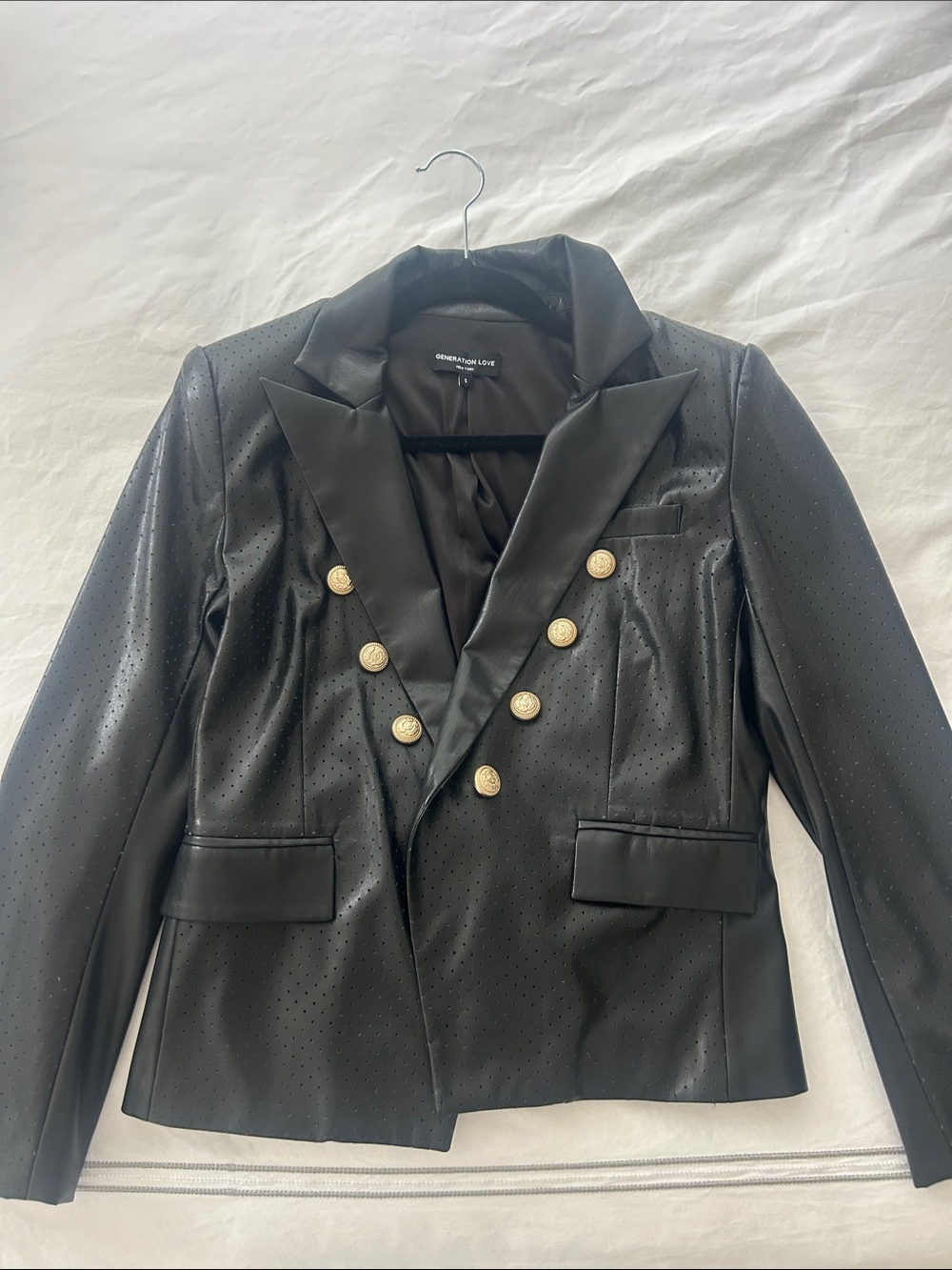 Generation Love Black Faux Leather Double-Breasted Blazer with Gold Buttons